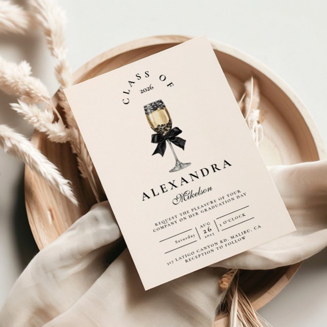Invitation Black Bow Pearl Champagne Graduation (Créateur téléchargé)