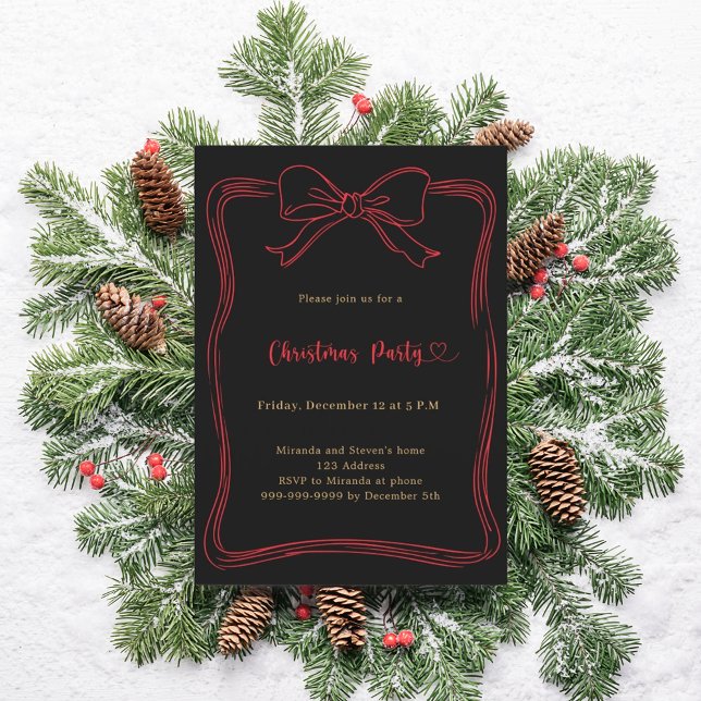 Invitation Black bow red hand-drawn Christmas Party (Créateur téléchargé)