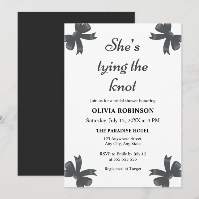 Invitation Black Bow She's Tying the Knot Fête des mariées (Devant / Derrière)
