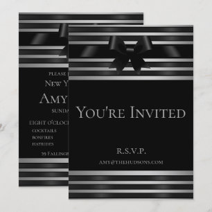Invitation Black Bow Silver Stripes Nouvel An's Eve Invitatio