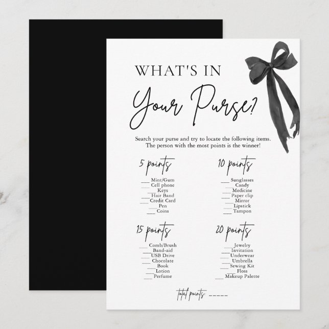 Invitation Black Bow What's In Your Purse Fête des mariées Je (Devant / Derrière)