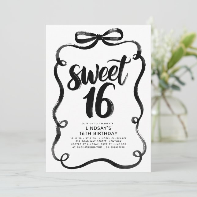 Invitation Black Bow Whimsical Sweet 16th Birthday (Debout devant)