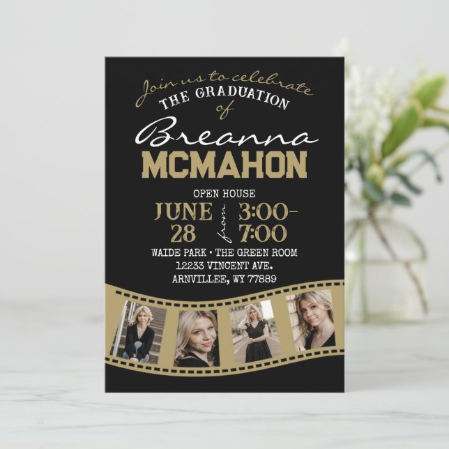 Invitation Black & Bronze Gold Filmstrip 5 Photo Graduation (Debout devant)