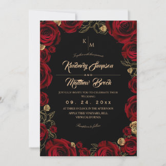 Invitation Black Burgundy⎮ Gold Rose Floral Boho Wedding