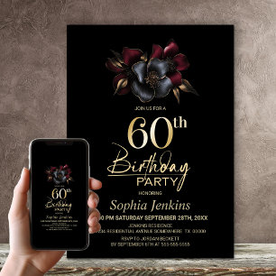 Invitation Black Burgundy Grey Floral 60e fête d'anniversaire