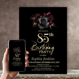 Invitation Black Burgundy Grey Floral 85e anniversaire