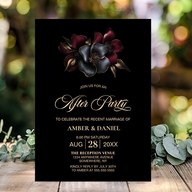Invitation Black Burgundy Grey Floral Mariage après la fête (Créateur téléchargé)