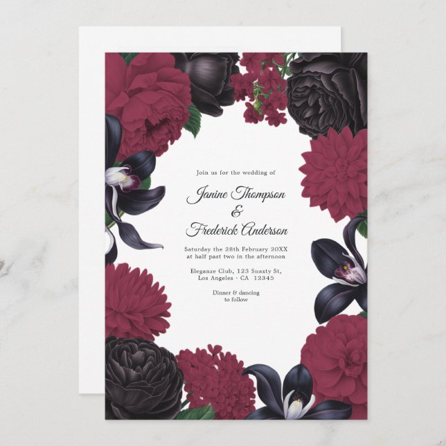 Invitation Black & Burgundy Photo/QR Code Floral Wedding (Devant / Derrière)