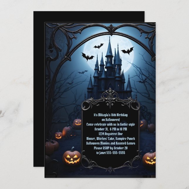 Invitation Black Castle Ado Halloween fête d'anniversaire (Devant / Derrière)