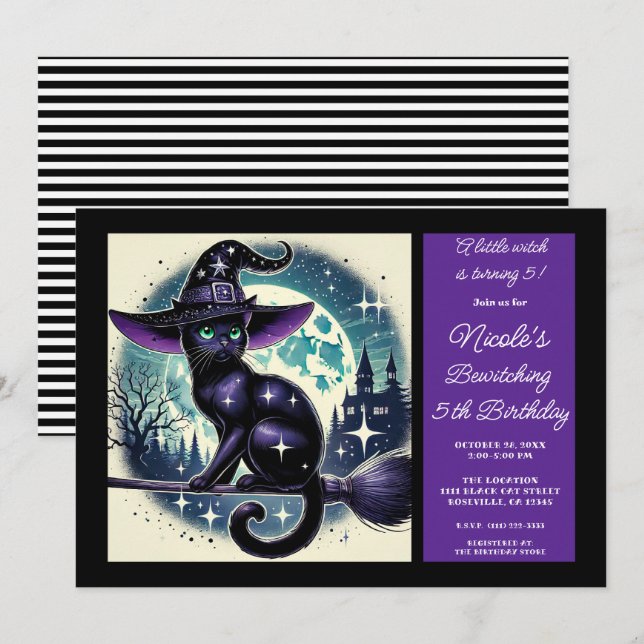 Invitation Black Cat Broom Sorcière magique Halloween Anniver (Devant / Derrière)