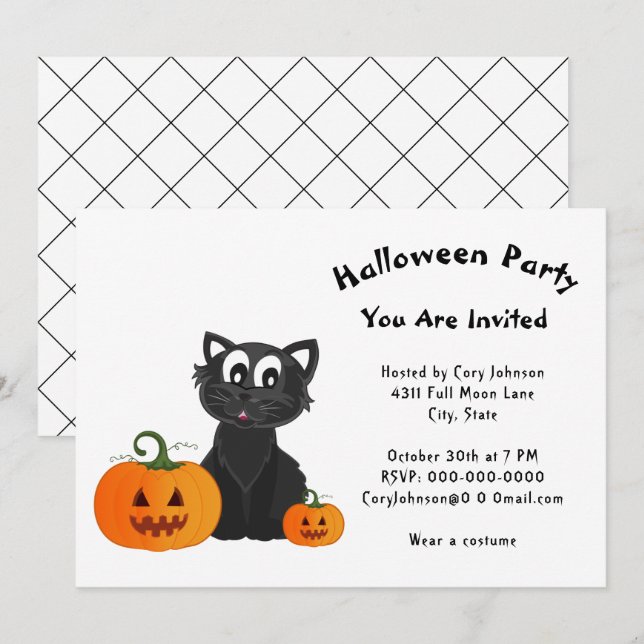 Invitation Black Cat Citrouille White Motif Halloween Party (Devant / Derrière)