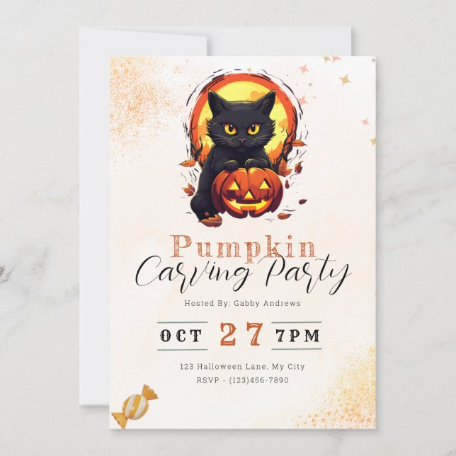 Invitation Black Cat Jack'o- Lanterne Citrouille Carving Part (Devant)
