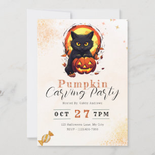 Invitation Black Cat Jack'o- Lanterne Citrouille Carving Part