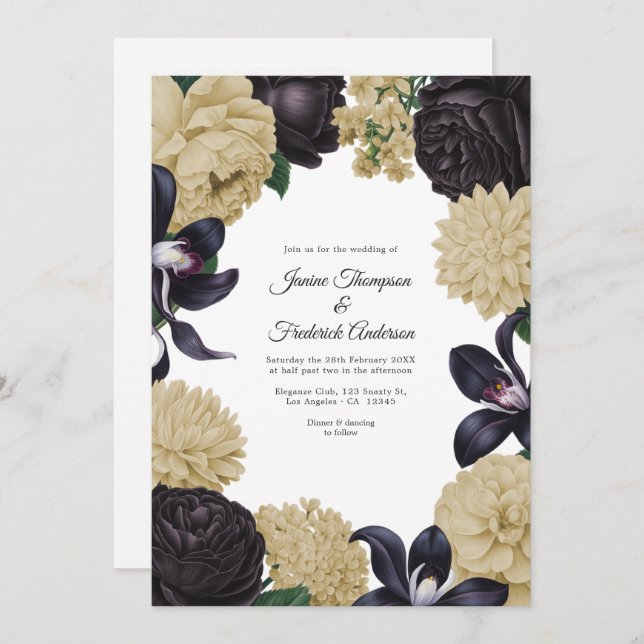 Invitation Black & Champagne Photo/QR Code Floral Wedding (Devant / Derrière)