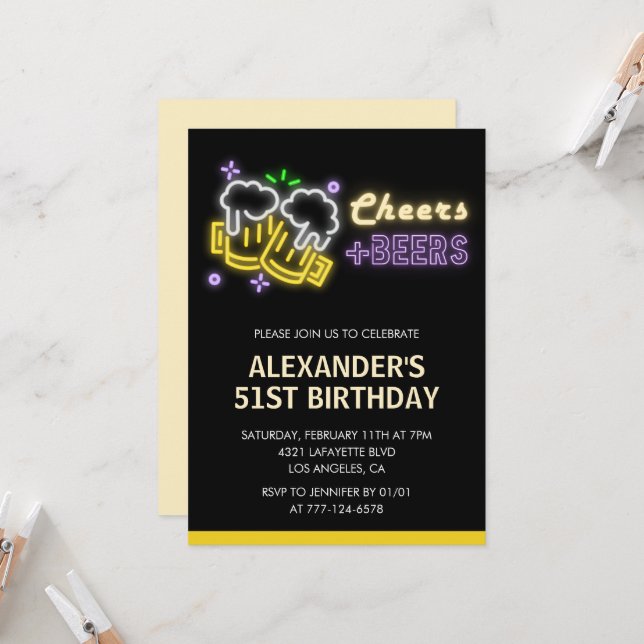 Invitation Black Cheers Beer Drinks 51e anniversaire invitati (Devant/Arrière en situation)
