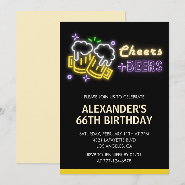 Invitation Black Cheers Beer Drinks 66e anniversaire invitati (Devant / Derrière)