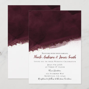 Invitation Black Cherry Aquarelle & Or Moderne Mariage chic