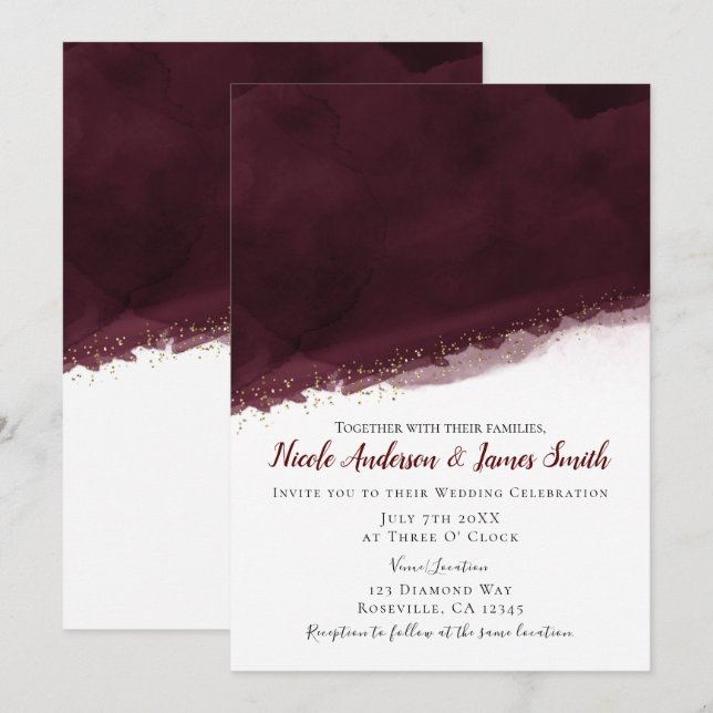 Invitation Black Cherry Aquarelle & Or Moderne Mariage chic (Devant / Derrière)