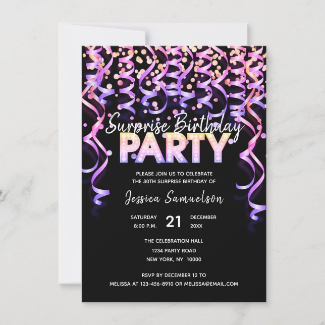 Invitation Black Color Streamers SURPRISE ANNIVERSAIRE (Devant)