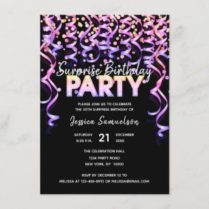 Invitation Black Color Streamers SURPRISE ANNIVERSAIRE