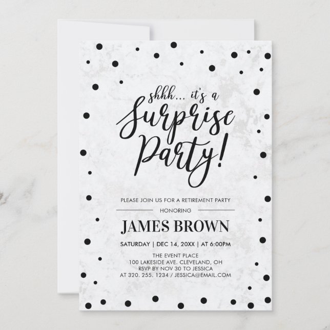 Invitation Black Confetti & Marble Surprise Retraite Party (Devant)