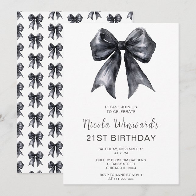 Invitation Black Coquette Bow fête d'anniversaire (Devant / Derrière)