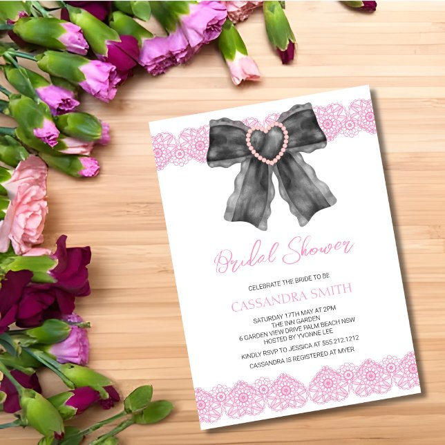Invitation Black Coquette Bow Pink Lace Fête des mariées (Créateur téléchargé)