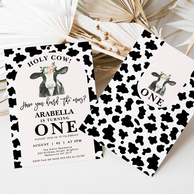 Invitation Black Cow Print Arche Holy Cow 1er Anniversaire (Black and white holy cow 1st birthday invitation featuring a cow, black and white cow print and arch)