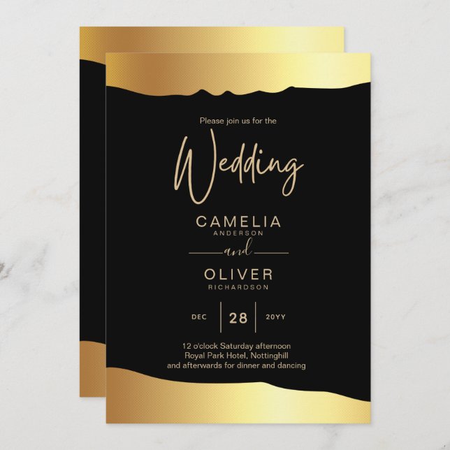 Invitation Black Cravate Mariage Gold Foil Script Élégant évé (Devant / Derrière)