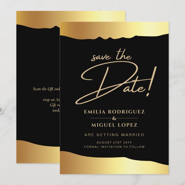 Invitation Black Cravate Mariage Gold Foil Script Élégant évé (Devant / Derrière)