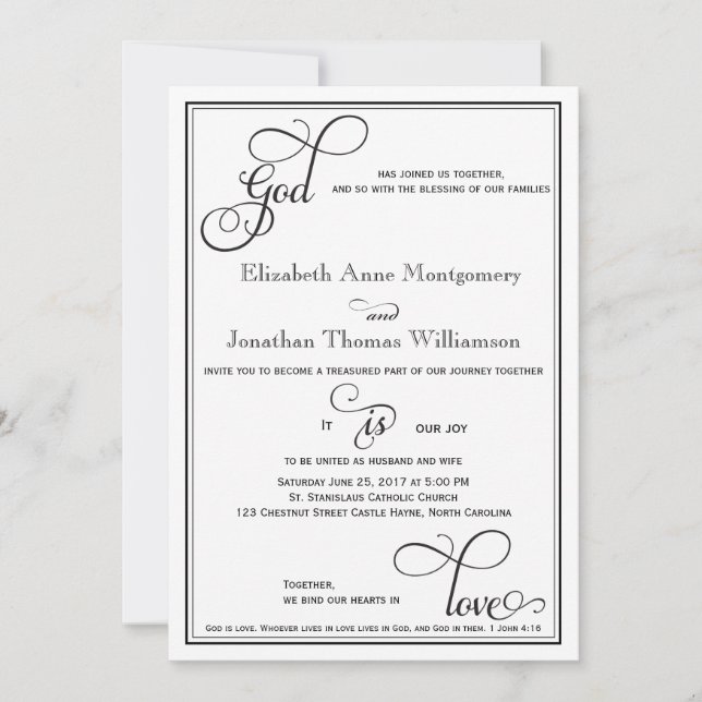 Invitation Black Curly Script Dieu est Amour Mariage chrétien (Devant)