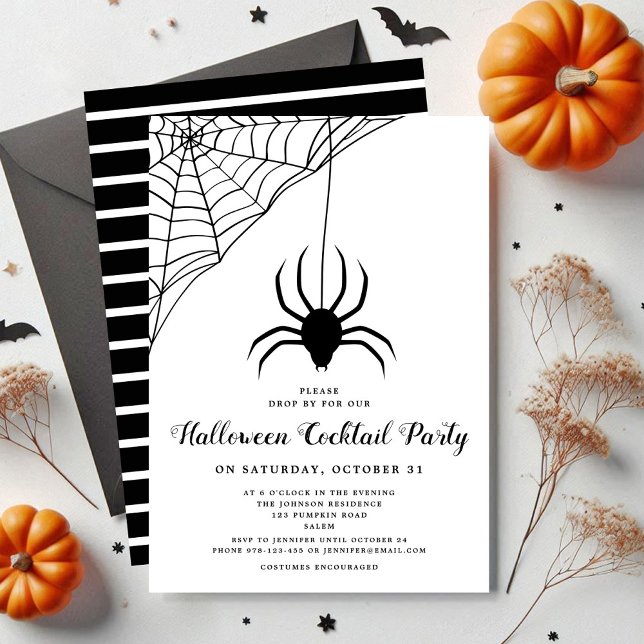 Invitation Black Cute Spider Halloween Cocktail Party (Black Cute Spider Halloween Cocktail Party Invitation)