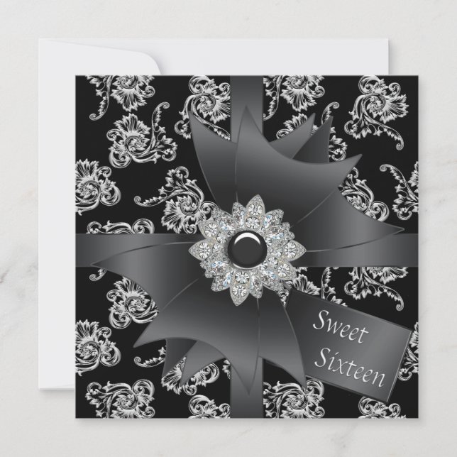 Invitation Black Damask Black White Sweet 16 Party (Devant)