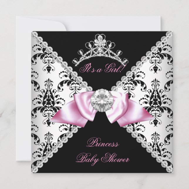 Invitation Black Damask Bow princesse Baby shower Diamond (Devant)