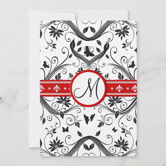 Invitation Black Damask Butterfly Swirls Red Wedding Invite (Devant)