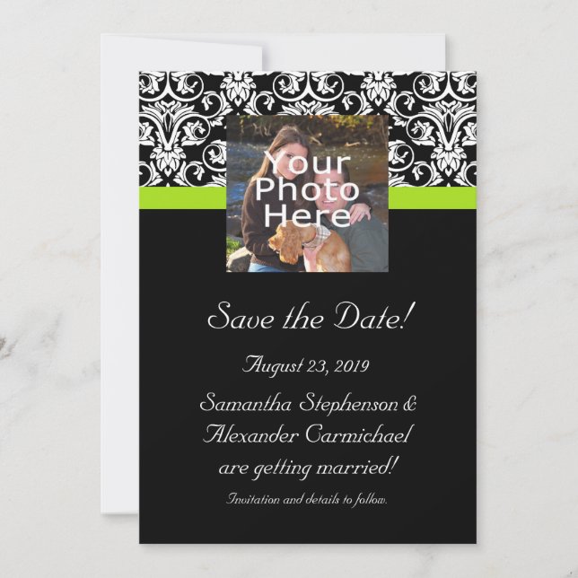 Invitation Black Damask Chartreuse Green Photo Enregistrer la (Devant)