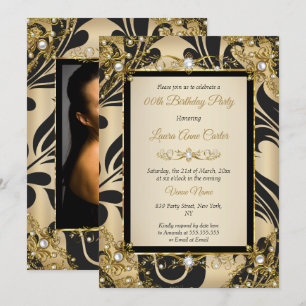 Invitation Black Damask Gold Beige Photo Anniversaire