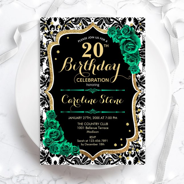 Invitation Black Damask Gold Green Roses 20e anniversaire (Créateur téléchargé)