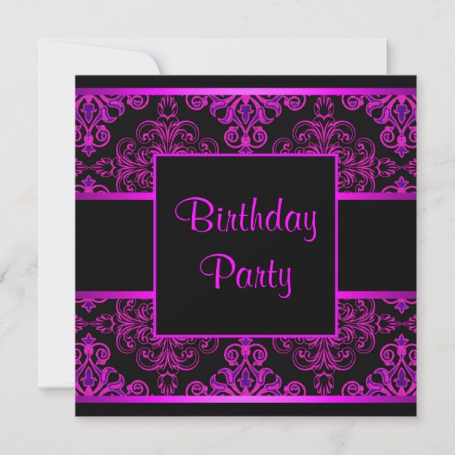 Invitation Black Damask Hot rose violet fête d'anniversaire (Devant)