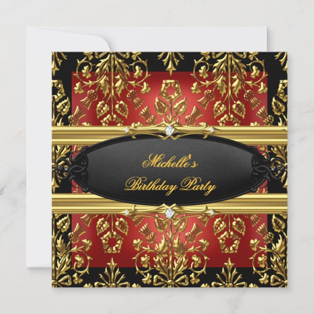 Invitation Black Damask Rouge Anniversaire Party Gold 2 Diamo (Devant)
