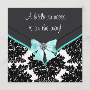 Invitation Black Damask Turquoise Blue Bow PrincBaby shower