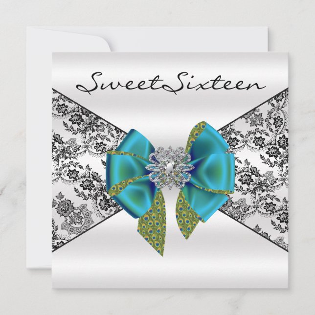 Invitation Black Damask Turquoise Peacock Sweet sixteen (Devant)