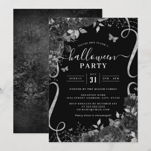 Invitation Black Dark Éffrayant Floral Scroll Halloween Party
