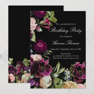 Invitation Black Dark Moody Élégante fête d'anniversaire flor