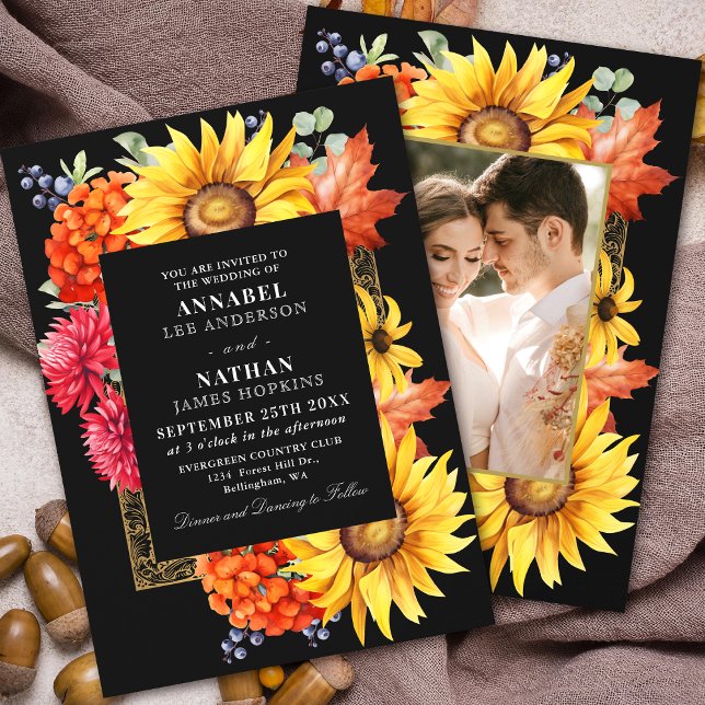 Invitation Black Elegant Automne Aquarelle Florale Photo (Créateur téléchargé)