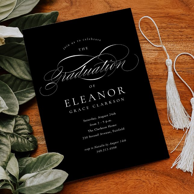 Invitation Black Elegant Calligraphy Graduation Party (Créateur téléchargé)