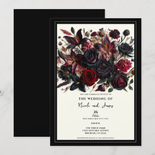 Invitation Black Elegant Chute Pressé Fleurs Mariage foncé