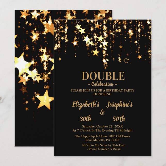 Invitation Black élégant et or étoiles double joint anniversa (Devant / Derrière)