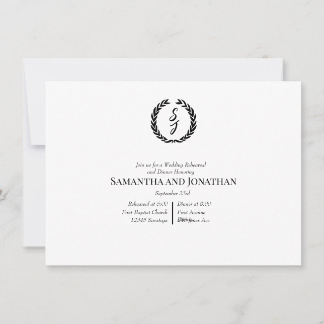 Invitation Black Elegant Monogram Wreath Wedding Rehearsal (Devant)