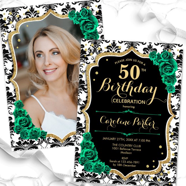 Invitation Black Emerald Green Photo 50e anniversaire (Créateur téléchargé)